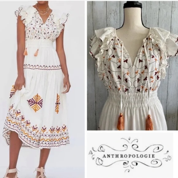Anthropologie Embroidered RUFFLE-Sleeve Midi Dress - Picture 1 of 12